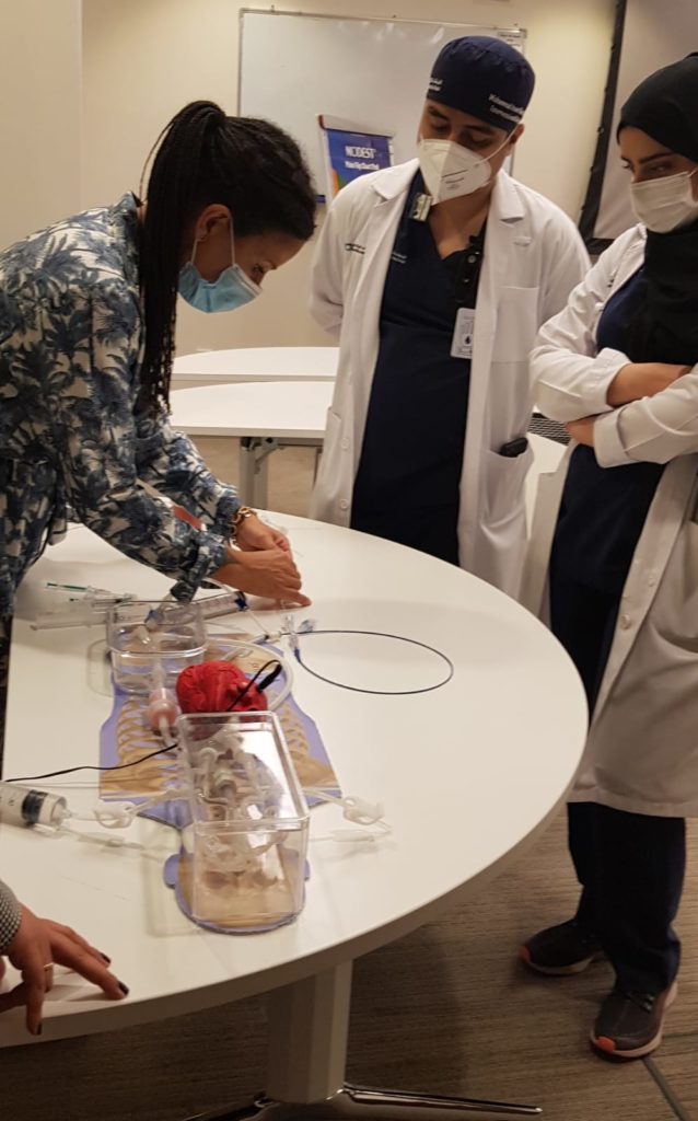 two doctors watch a representative demonstrate NeVa